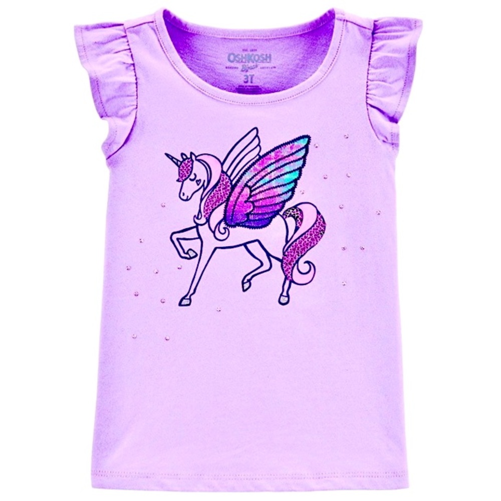 Oshkosh B’gosh Toddler Girls 3t Lilac Unicorn Graphic Flutter Sleeves Tshirt Top